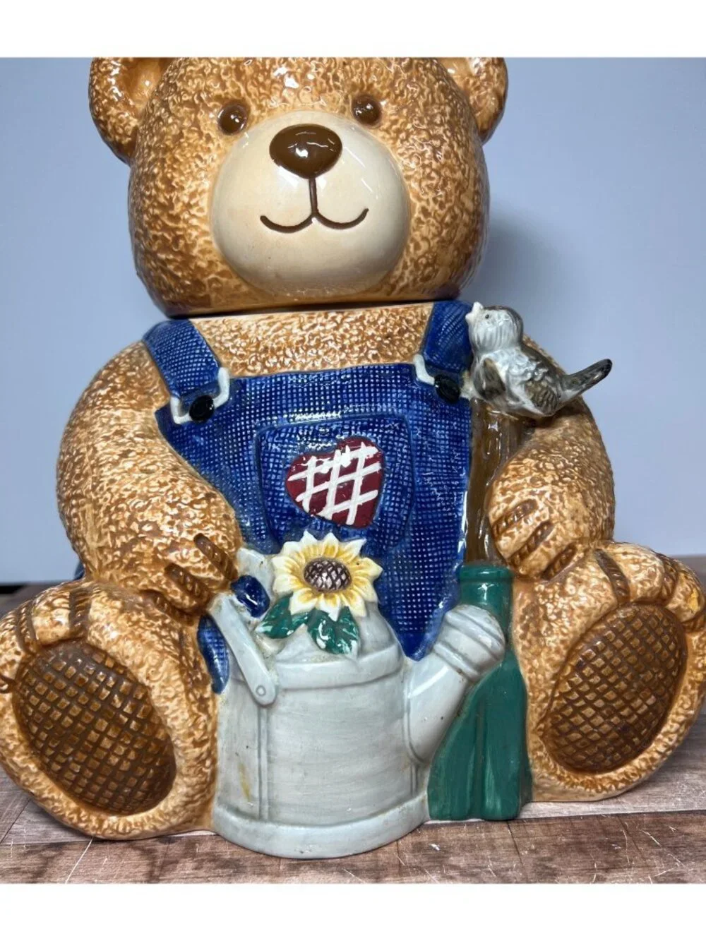 Ceramic Bear Cookie Jar With Blue Overalls & Watering Can